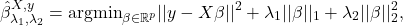 \[\hat{\beta}^{X,y}_{\lambda_1,\lambda_2}=\text{argmin}_{\beta\in\mathbb{R}^p}||y-X\beta||^2+\lambda_1||\beta||_1+\lambda_2||\beta||_2^2,\]