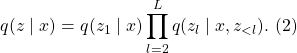 \[q(z\mid x) = q(z_1 \mid x) \prod_{l=2}^L q(z_l \mid x, z_{<l}).   \text{ (2)}\]