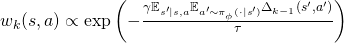 w_{k}(s, a) \propto \exp \left(-\frac{\gamma \mathbb{E}_{s'|s, a} \mathbb{E}_{a' \sim \pi_\phi(\cdot|s')} \Delta_{k-1}(s', a')}{\tau}\right)