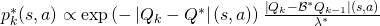 p_{k}^*(s, a) \propto \exp \left(-\left|Q_{k}-Q^{*}\right|(s, a)\right) \frac{\left|Q_{k}-\mathcal{B}^{*} Q_{k-1}\right|(s, a)}{\lambda^{*}}