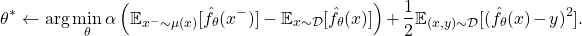 \[\theta^* \leftarrow \arg \min_\theta {\alpha \left(\mathbb{E}_{x^- \sim \mu(x)}[\hat{f}_\theta(x^-)] - \mathbb{E}_{x \sim \mathcal{D}}[\hat{f}_\theta(x)] \right)} + \frac{1}{2} \mathbb{E}_{(x, y) \sim \mathcal{D}} [(\hat{f}_\theta(x) - y)^2].\]