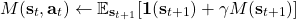 \[         M(\mathbf{s}_{t}, \mathbf{a}_t) \leftarrow         \mathbb{E}_{\mathbf{s}_{t+1}}             [\mathbf{1}(\mathbf{s}_{t+1}) + \gamma M(\mathbf{s}_{t+1})]      \]