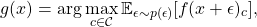 \[g(x) = \arg\max_{c\in\mathcal{C}}\mathbb{E}_{\epsilon\sim p(\epsilon)}[f(x+\epsilon)_c],\]