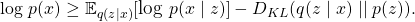 \[\text{log } p(x) \ge \mathbb{E}_{q(z\mid x)}\large[\text{log } p(x\mid z)\large] - D_{KL} \large(q(z\mid x) \mid \mid p(z)\large). \]