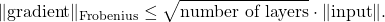 \[\| \text{gradient} \|_{\text{Frobenius}} \leq \sqrt{\text{number of layers}} \cdot \| \text{input} \|.\]