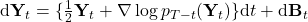 \mathrm{d} \mathbf{Y}_t = \{\tfrac{1}{2} \mathbf{Y}_t + \nabla \log p_{T-t}(\mathbf{Y}_t)\} \mathrm{d} t + \mathrm{d} \mathbf{B}_t