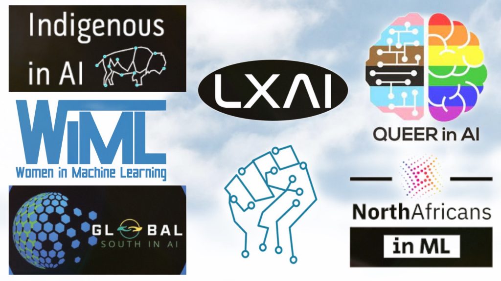 Collage of logos from affinity groups, indigenous in AI, Women in Machine Learning, Global South in AI, LatinX in AI, Black in AI, Queer in AI, and North Africans in ML