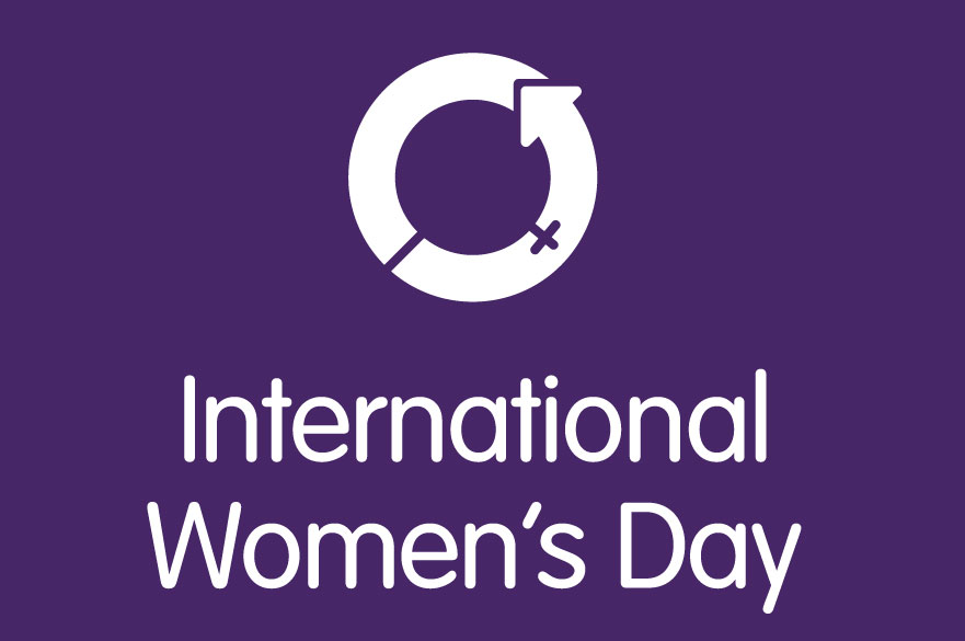 International Women's Day text on purple background
