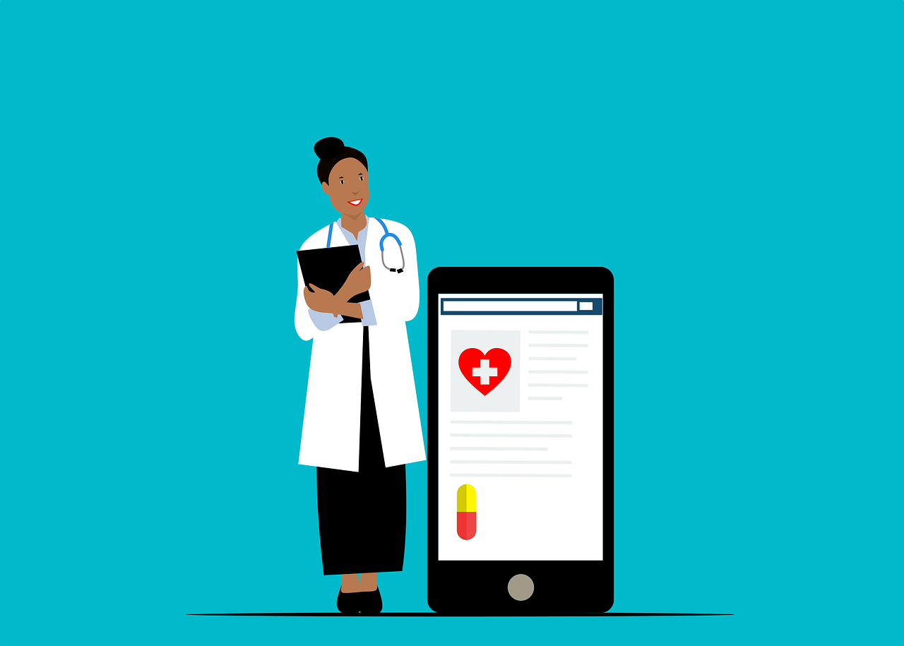 cartoon of a doctor stood next to a large mobile phone