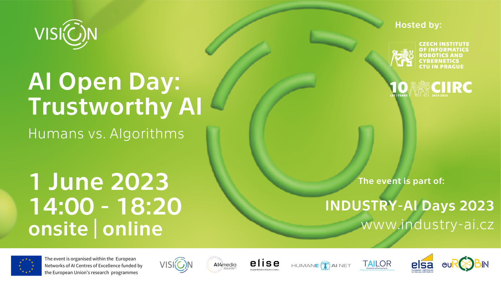 green background with green partial circles as a logo. Main text: AI open day: trustworthy AI