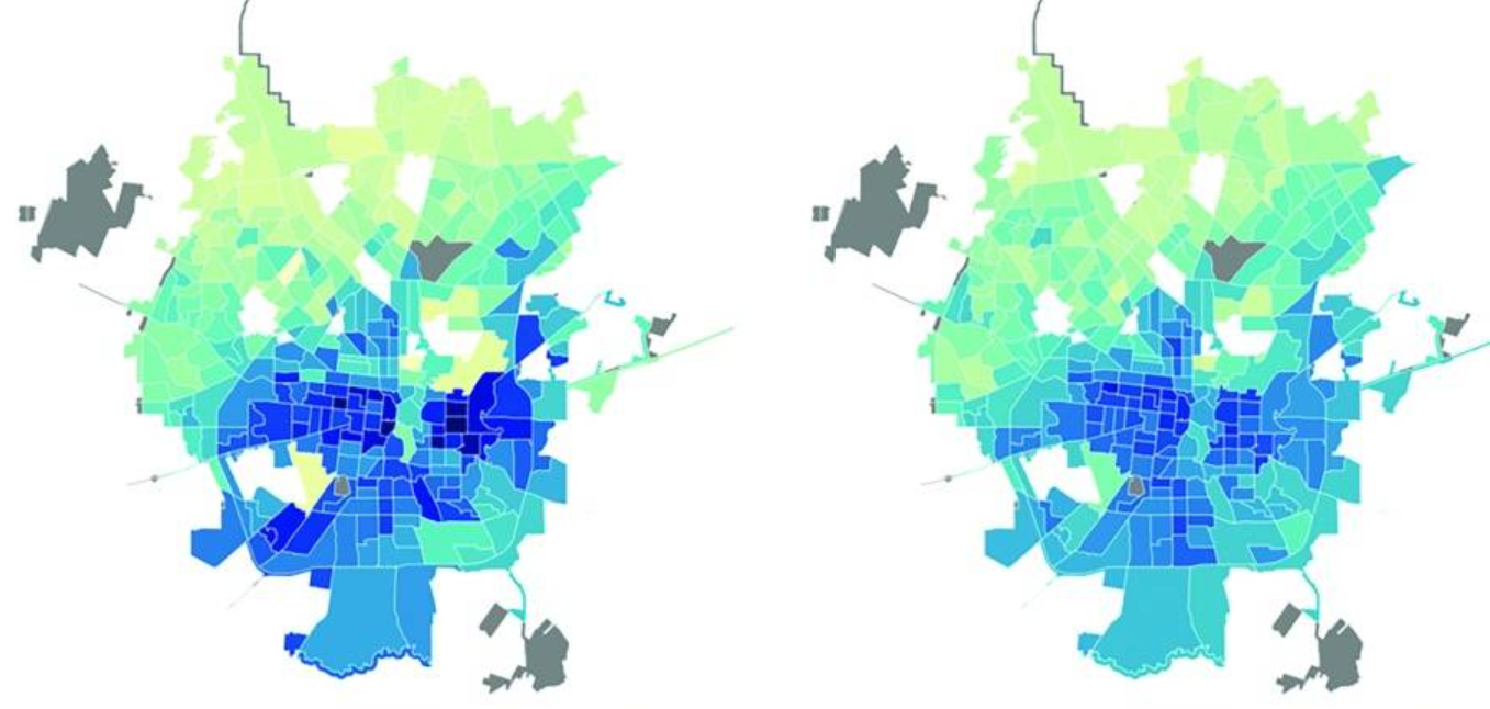 city data split by region on a white to blue colour scale