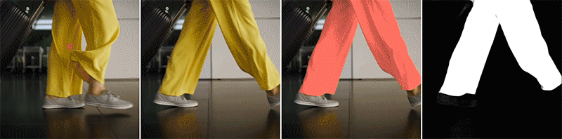 4 panels, 1) a still image of a person with baggy trousers walking, 2 and 3) videos of them walking, 4) how the model represents the walking motion