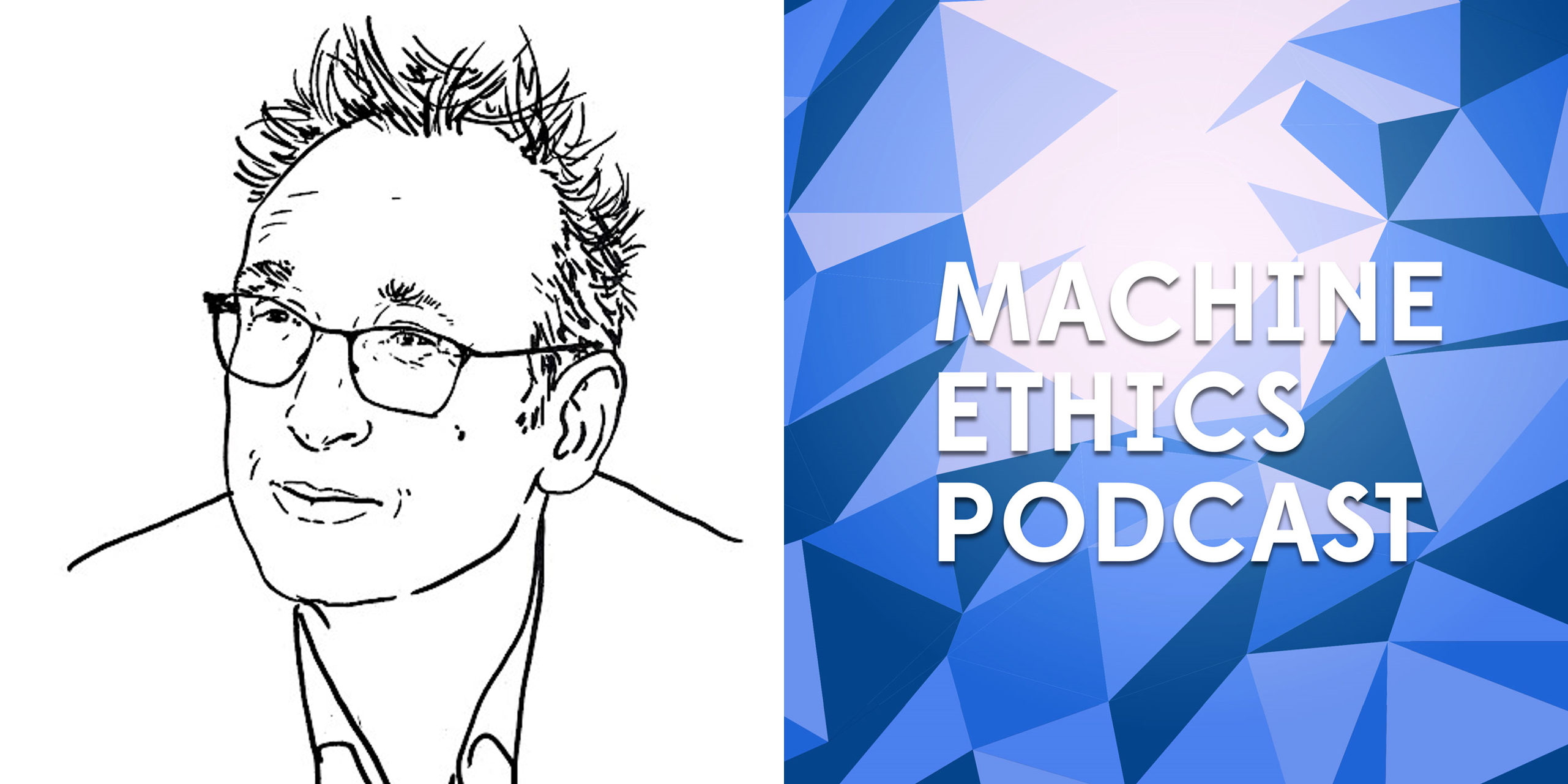 Left: Marc Steen in linedrawing form. Right: Machine Ethics Pod logo - white text on blue background