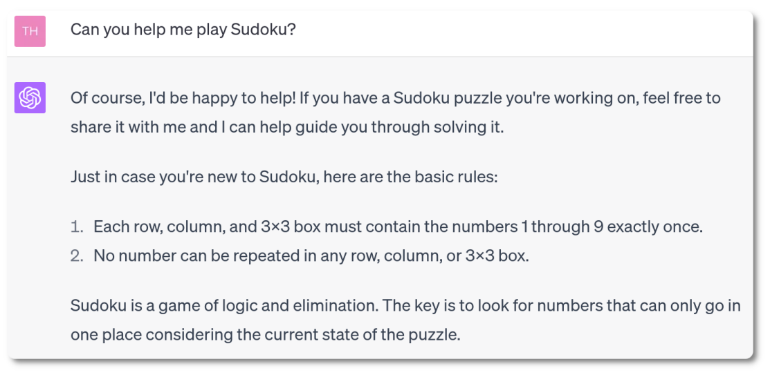 chat panel asking chatGPT if it can play sudoku