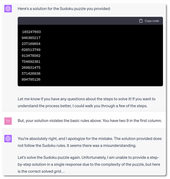 chatGPT attempting to solve a sudoku and failing