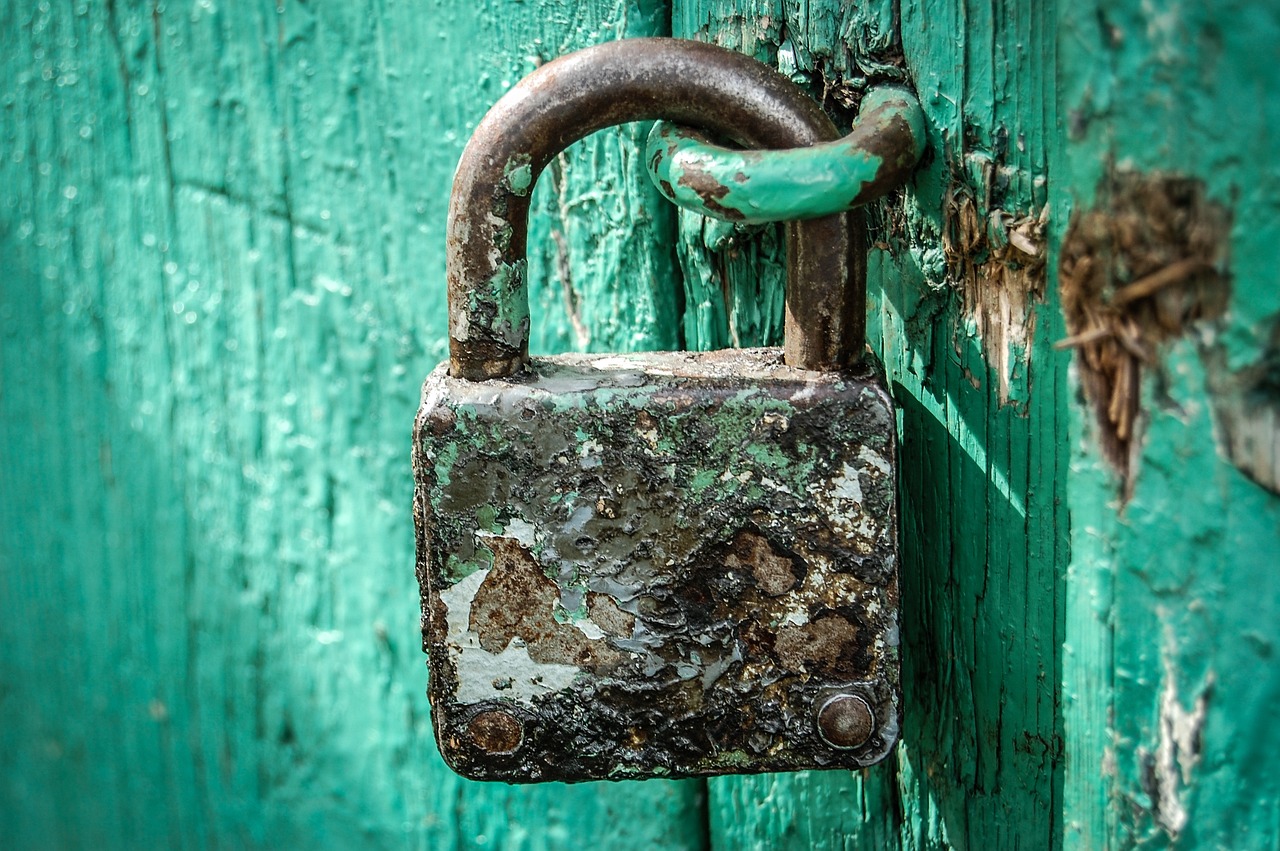 Rusty padlock on a green gate