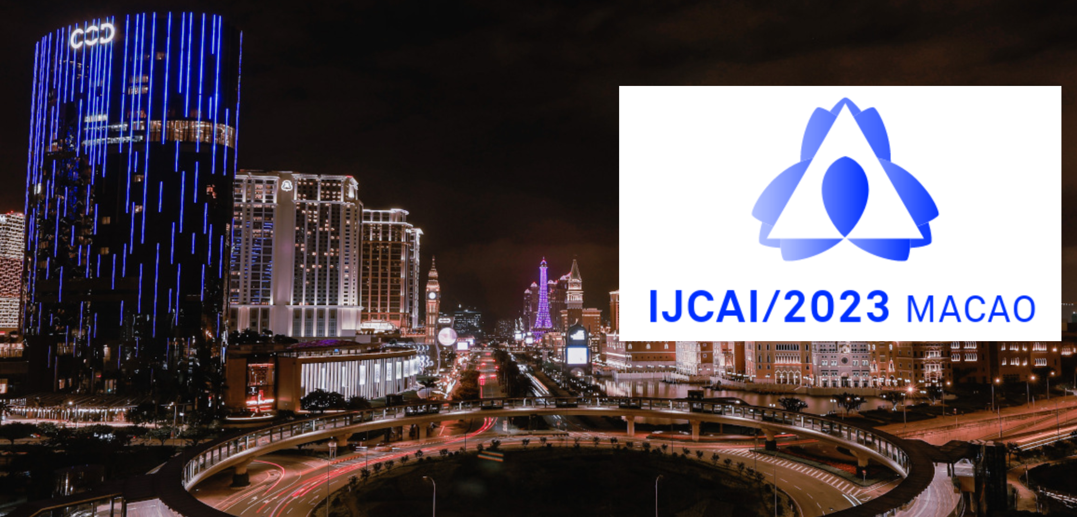 IJCAI 2023 logo with backdrop of Macao at nighttime