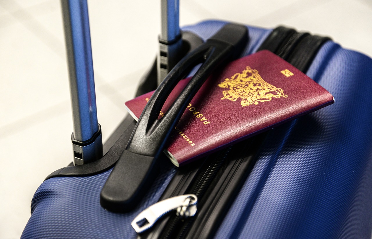 suitcase with passport tucked under handle