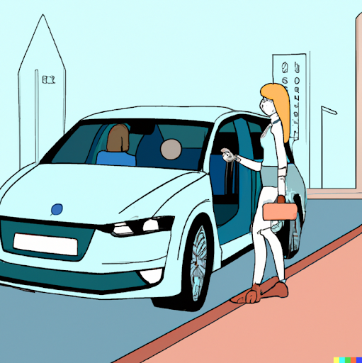 DALL-E created image of a woman getting into a car