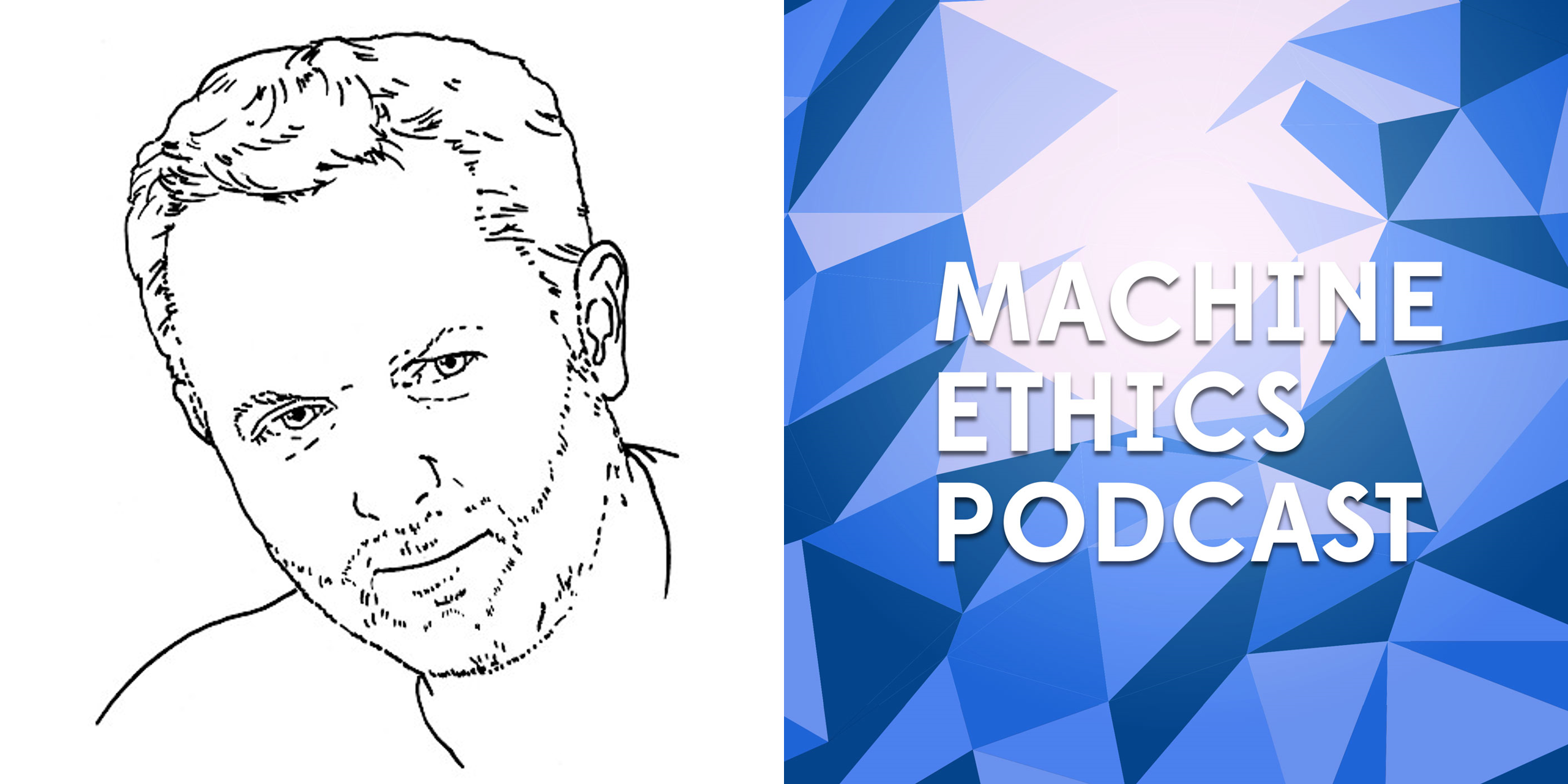 Left: line drawing of Guy Gadney. Right: logo of Machine Ethics podcast