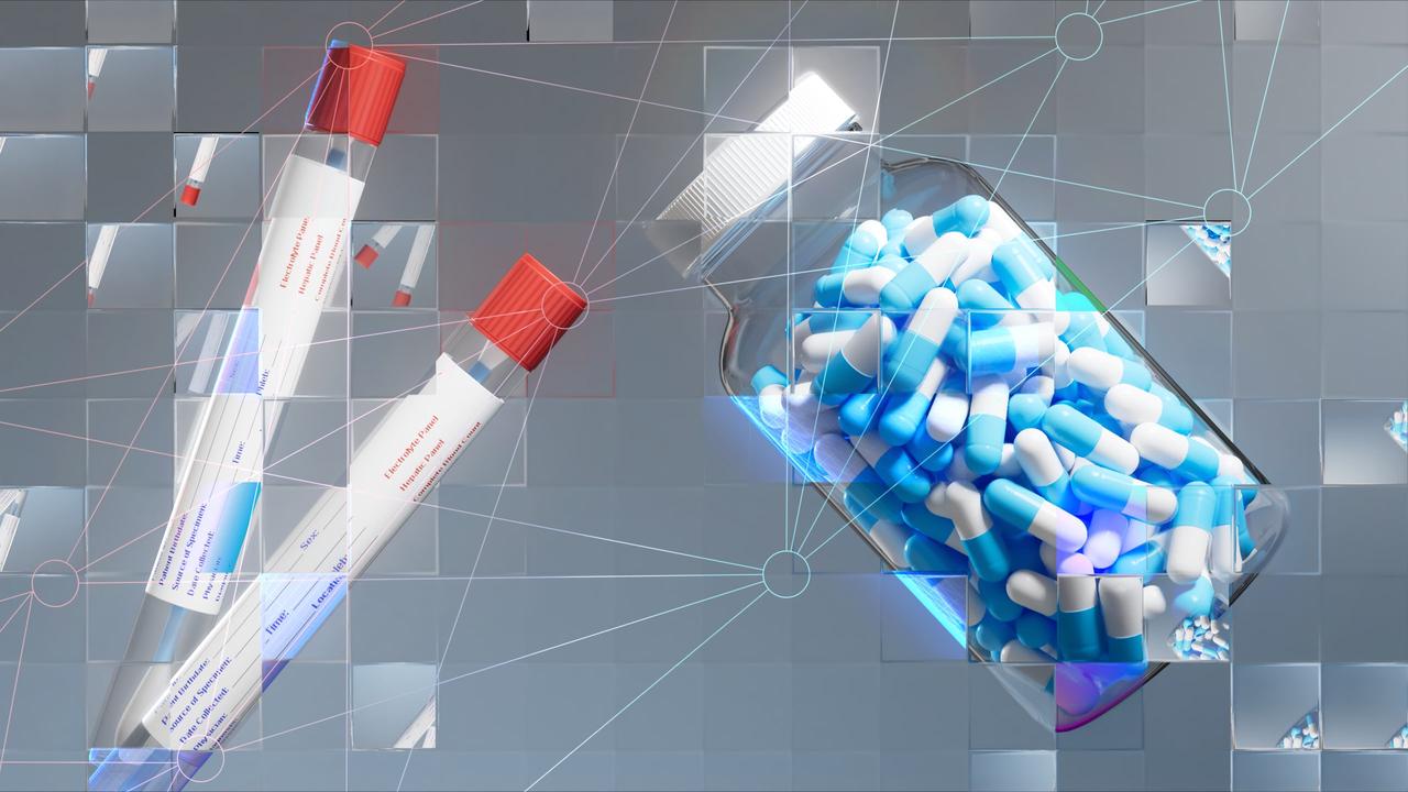 A photographic rendering of medical swabs and pills in a jar seen through a refractive glass grid, overlaid with a diagram of a neural network.