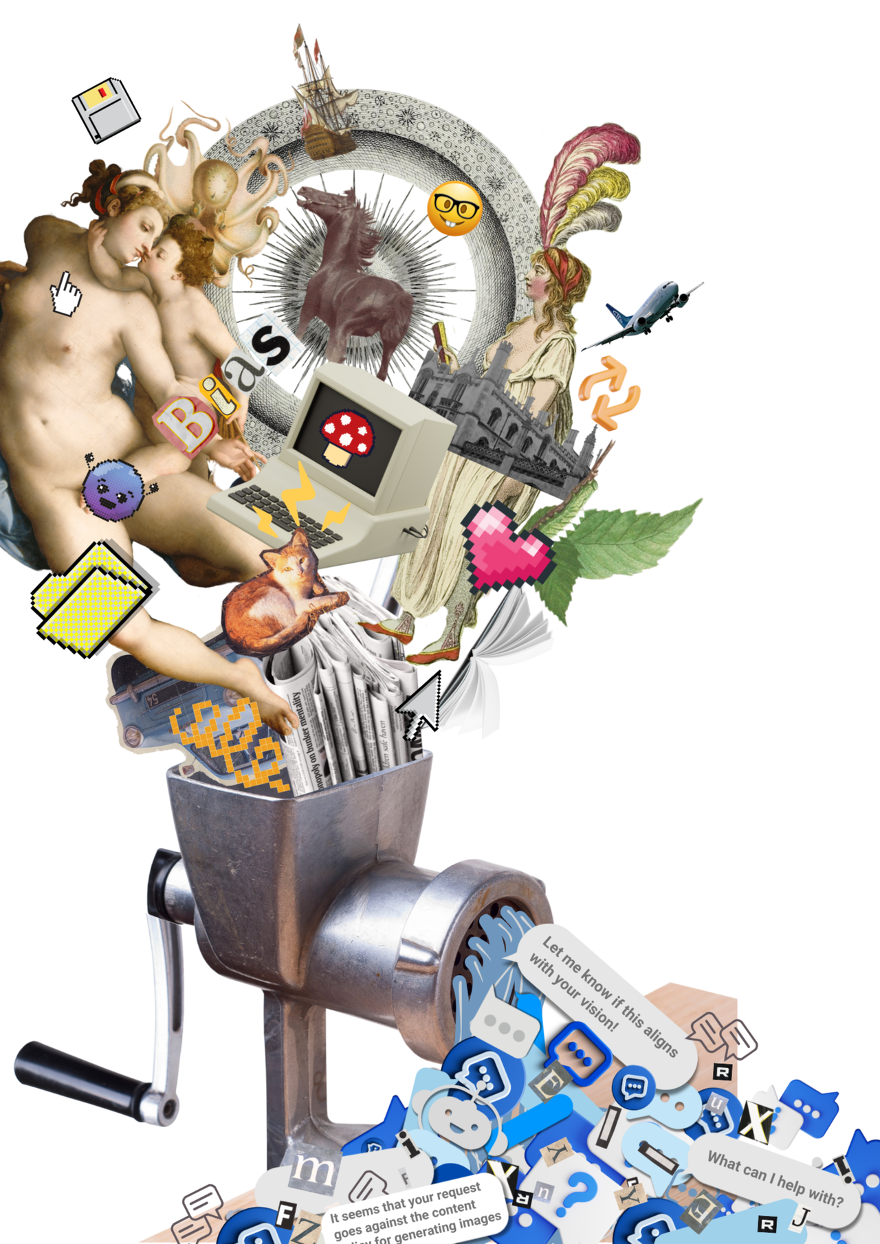 The image features a silver meat grinder. Going into the grinder at the top are various culturally symbolic, historical, and fun icons – such as emojis, old statutes, a computer, newspapers, an aeroplane. At the other end of the meat grinder, coming out is a sea of blue and grey icons representing chat bot responses like 'Let me know if this aligns with your vision' in a grey chat bot message symbol. 