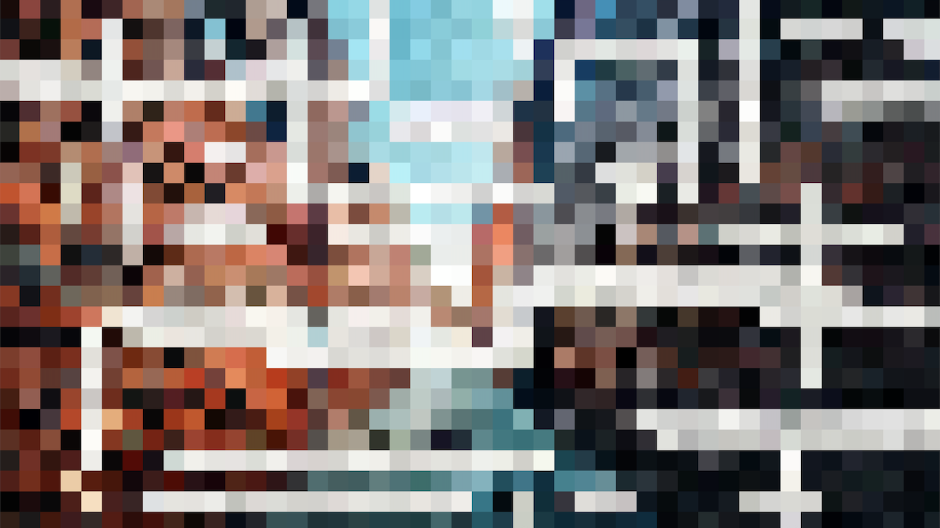 This image features an image of a pixelated street. Overlying the image are different shapes which are arranged to look like QR code symbols. These are in white/blue colours and intersect one another. 