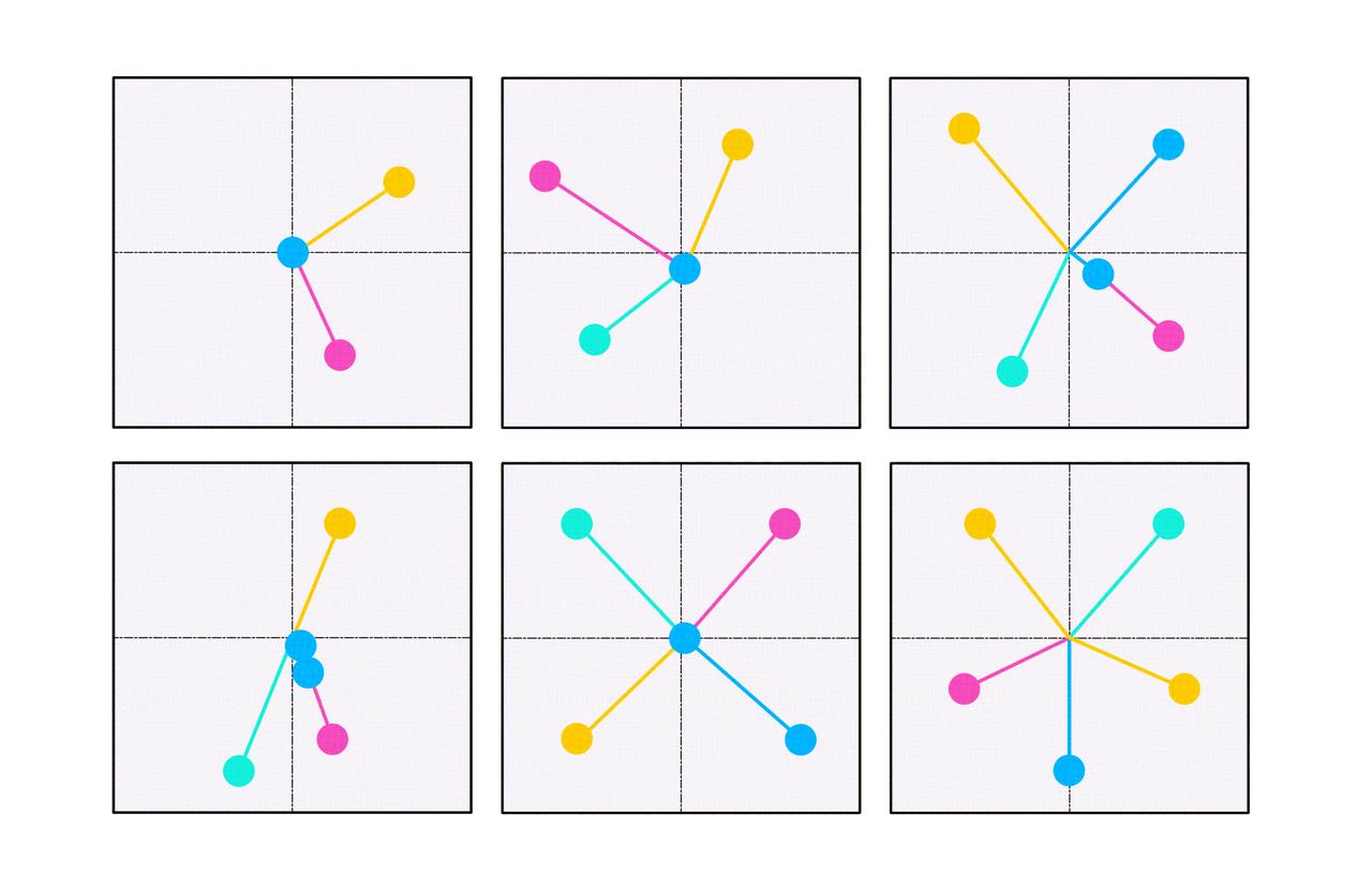 There are 6 different arrangements of lines with circles. In each image, there are 4/5 lines in different colours: yellow, blue, pink, and turquoise. The middle circle is blue, and the other lines stick out at different angles surrounding the circle.  