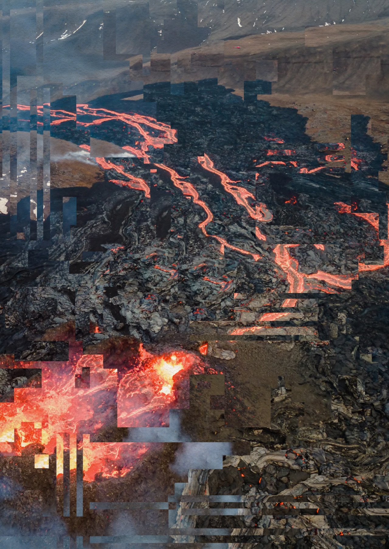  A close-up photo of red and black lava flowing down a brown stony shallow slope, but the image is slightly distorted by digital artefacts.