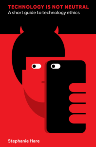 The black and red cover shows a face with the focal point being the eyes. One eye is masked by the back of a camera cell phone camera which is held in front of the face, partially covering it. The human eye and "eye" from the phone back camera reflect a face. 