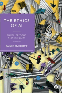 A purple box with the text 'The Ethics of AI' is set against a background of a A collage picturing a chaotic intersection filled with reCAPTCHA items like crosswalks, fire hydrants and traffic lights, representing the unseen labor in data labelling.