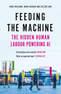 The background of the cover is a standard city scene. The top half is the sky with the text "FEEDING THE MACHINE" in black text and "THE HIDDEN HUMAN LABOUR POWERING AI" in pink. The bottom half shows blurred figures and objects with bounding squares with labels such as "raw material", "worker" and "infrastructure" in pink yellow and green. 
