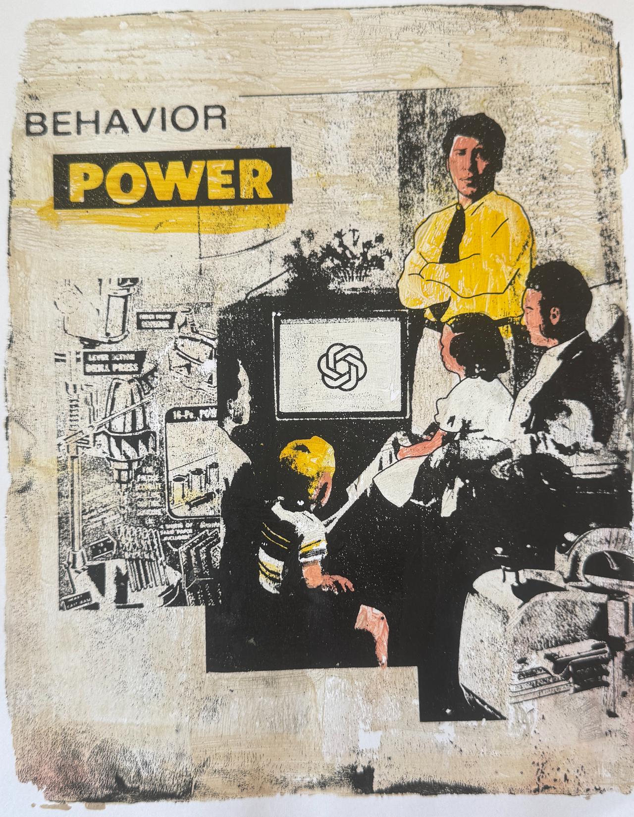 Sam Altman watches over a family consuming his AI. The living room vignette is framed by power tool imagery. The words “Behaviour Power” are the top of the artwork, framing the intent of the piece.