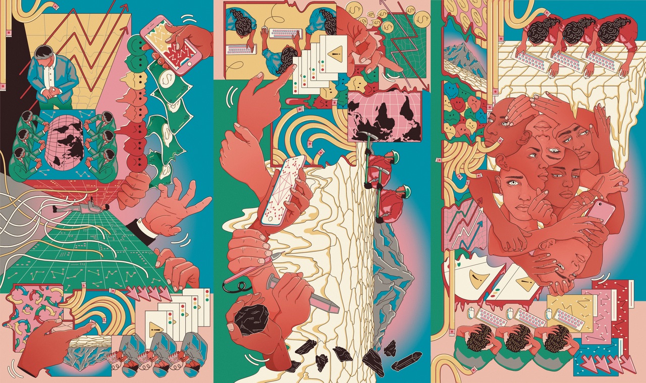 A brightly coloured mural which can be viewed in any direction. It has several scenes within it: people in front of computers seeming stressed, a number of faces overlaid over each other, squashed emojis, miners digging in front of a huge mountain representing mineral resources, a hand holding a lump of coal or carbon, hands manipulating stock charts and error messages, as well as some women performing tasks on computers, men in suits around a table, someone in a data centre, big hands controlling the scenes and holding a phone, people in a production line. Motifs such as network diagrams and melting emojis are placed throughout the busy vignettes.