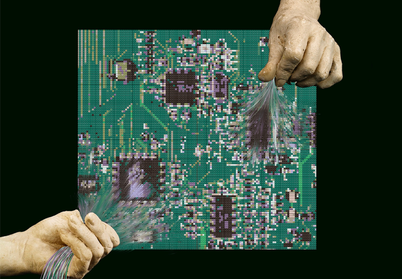 Two ceramic-like hands grip and pull on delicate threads that emerge from a "woven circuit board." The contrast between the rigid, heavy material of the hands and the soft, fragile threads creates a visual paradox, symbolising the insertion of human touch into the mechanised world. The image evokes a sense of personified anonymity, questioning whose histories and labours are being revealed or concealed when the threads of technology are pulled.
