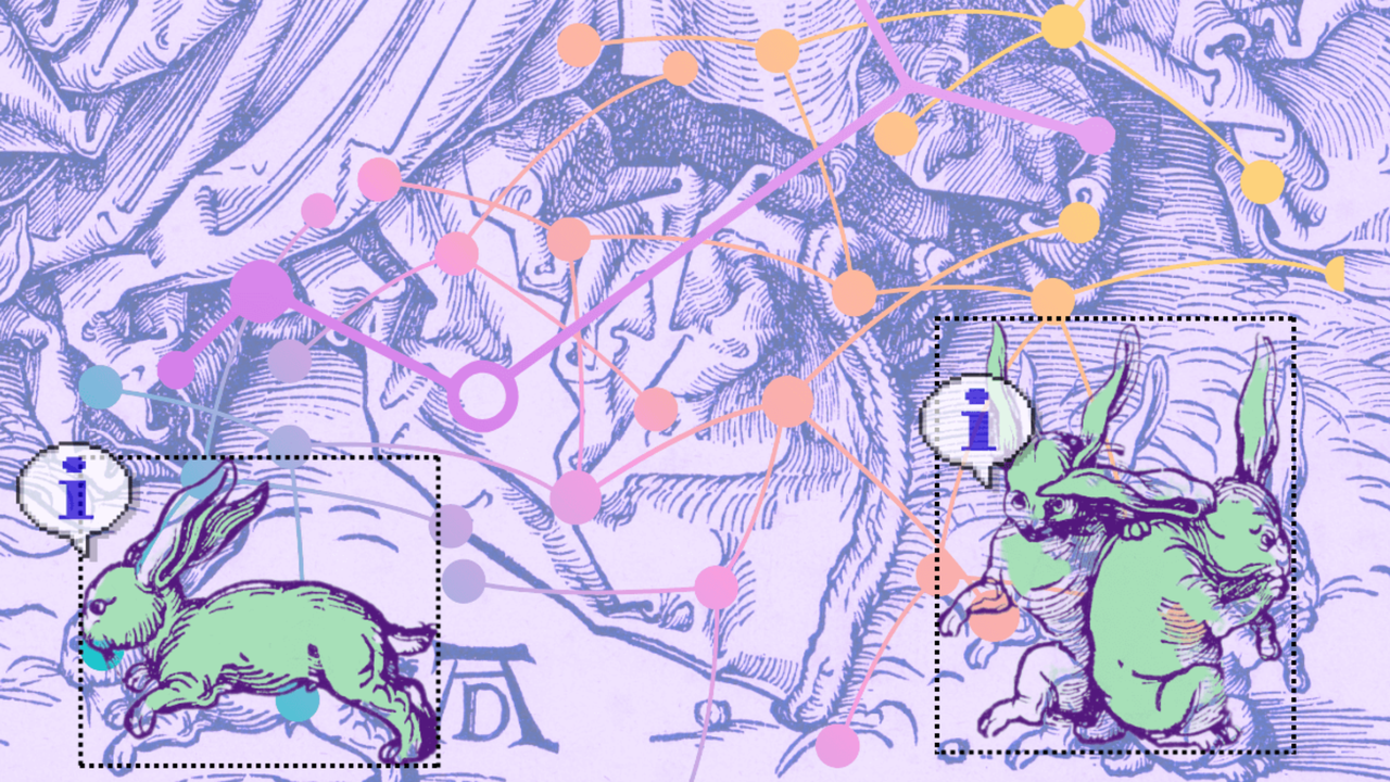 Three green rabbits sit at the bottom of the image with dotted lines in a square around them, with an "i" information symbol captured within a speech mark. In the background is a sketch, set against a purple background. A neural network diagram is overlaid the background. 
